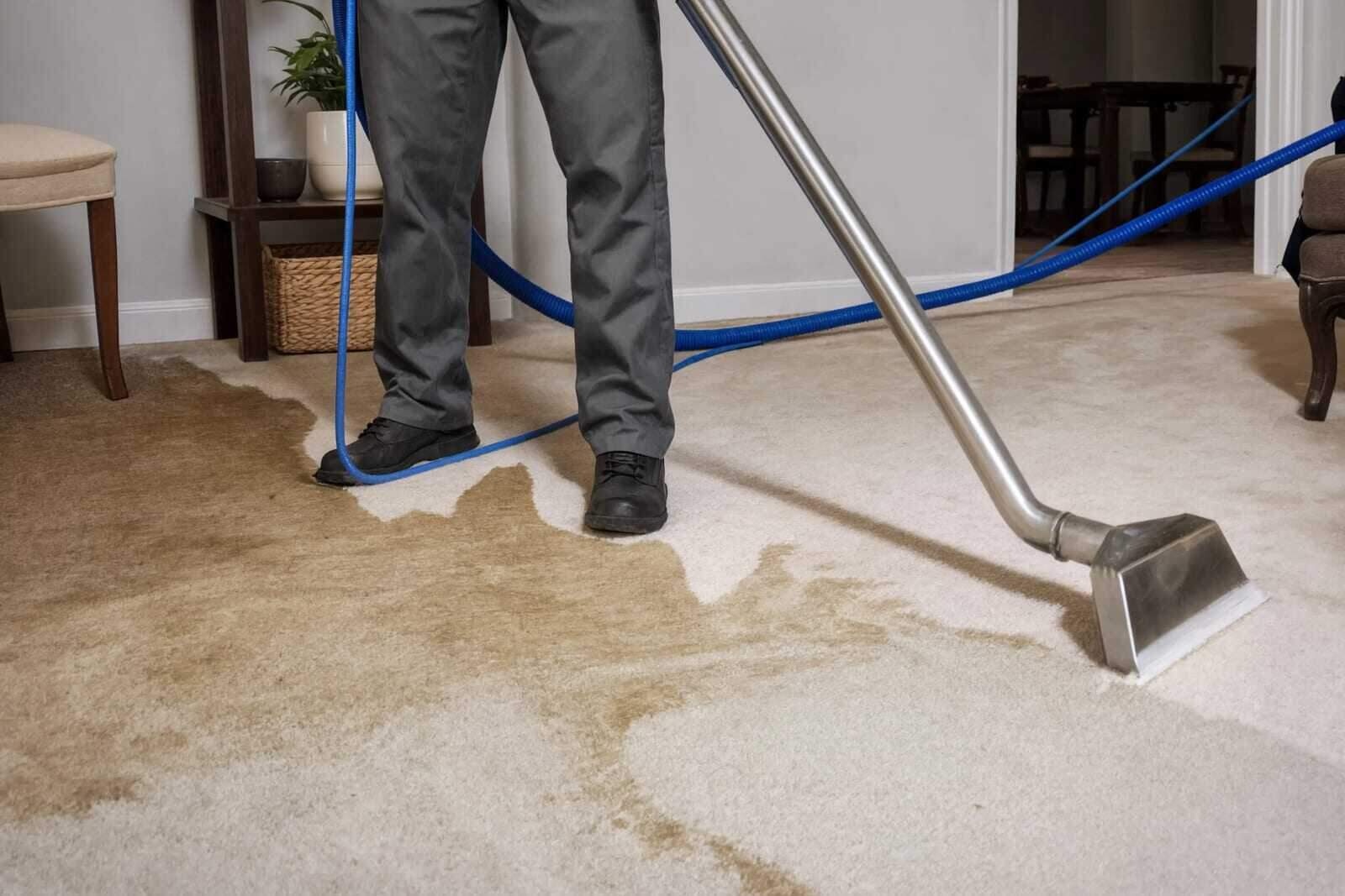 Technician extracting water from wet carpet with a portable extractor in a Houston home