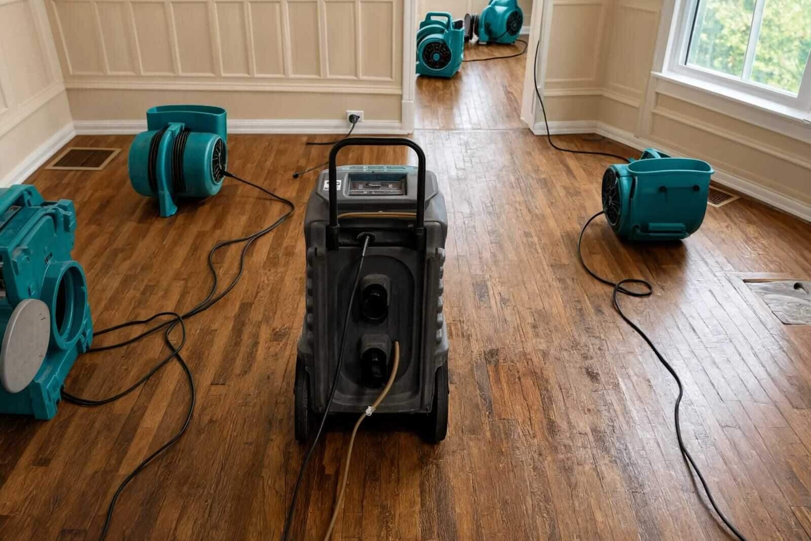 Air movers and a dehumidifier drying a Houston wall opened after a burst pipe