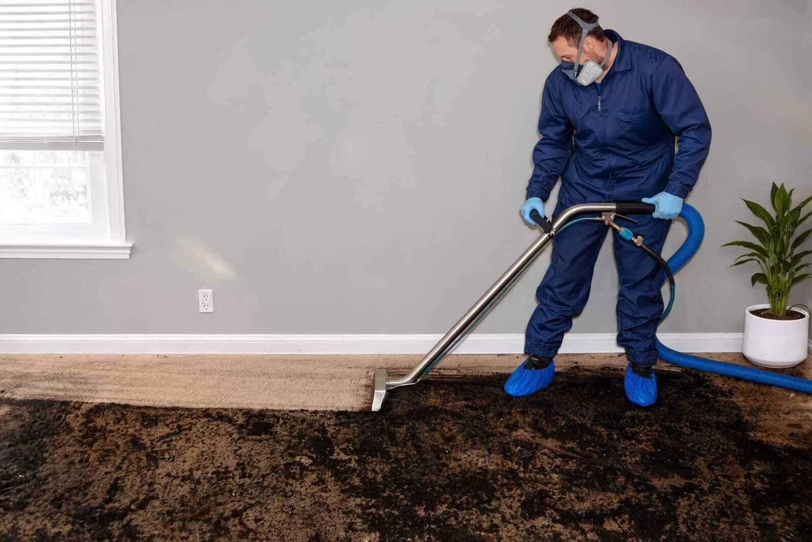 Technician in protective gear sanitizing a Houston bathroom after a sewage backup