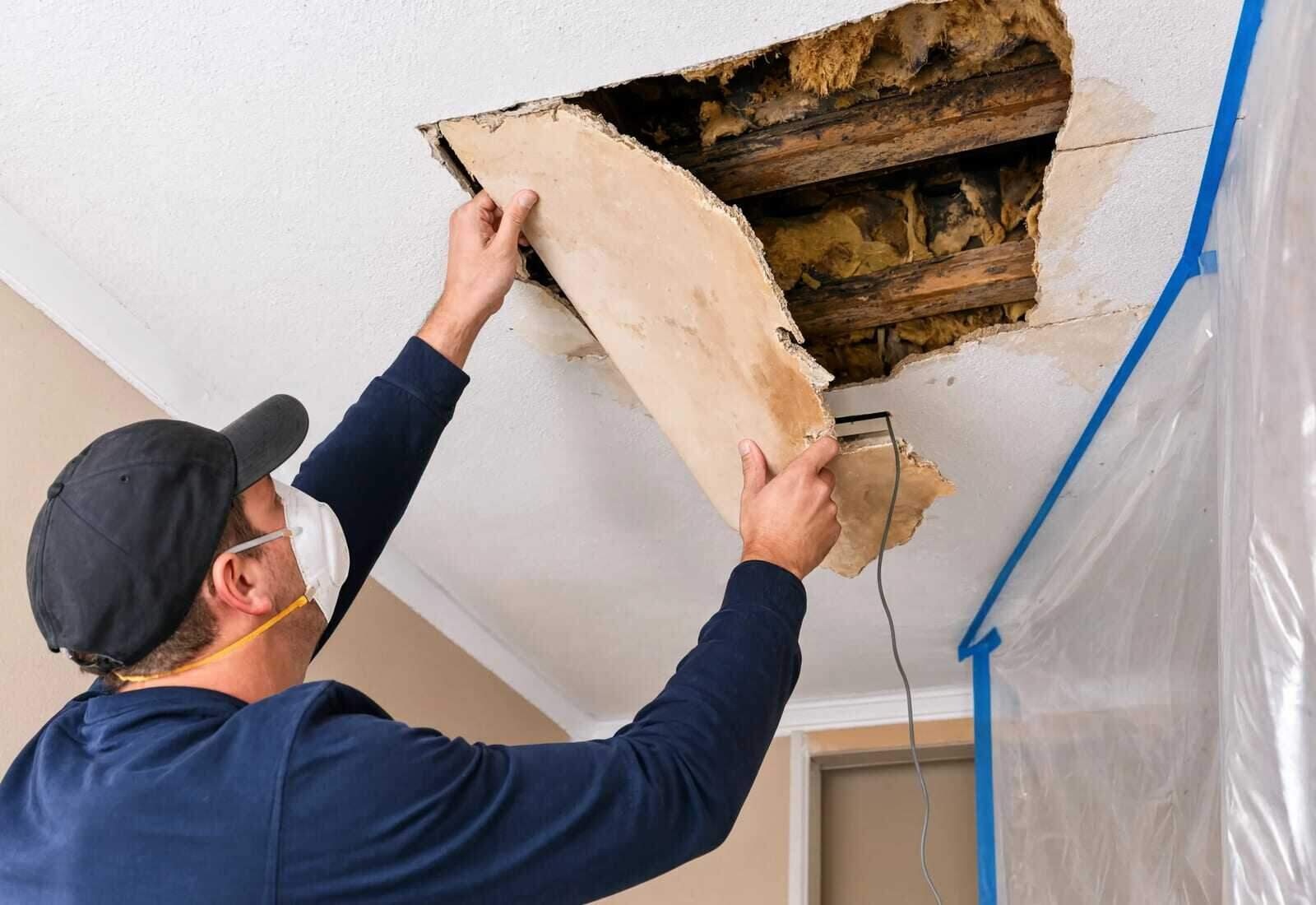 Technician cutting out water-damaged ceiling drywall to access the wet cavity in a Houston home