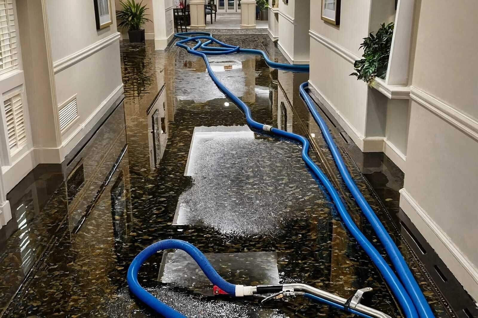 Extraction lines removing standing water from a flooded Houston floor